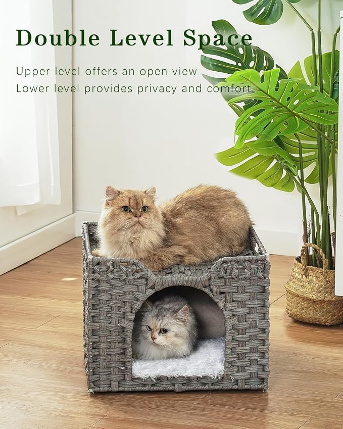 SETVSON Cat Beds Indoor Kitten House, Handwoven Rattan Cat Cave Pet Cube, One Bed Mat, Foldable, Hideaway, 16.5x16.5x13.2 Inches, 2 S-Shaped Hooks in Living Room Bedroom Gray