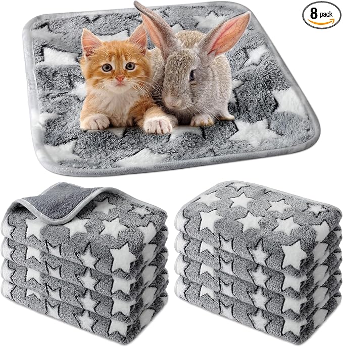 Tudomro 8 Pcs Absorbent Guinea Pig Blankets Washable Small Animal Fleece Bedding Cage Liners Reusable Pet Sleep Mat Pad Cover for Ferret Chinchilla Furniture Protection(Grey Star,12 x 12 Inch)
