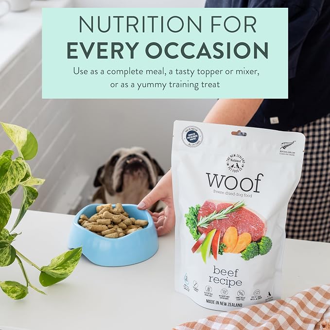 The New Zealand Natural Pet Food Co. WOOF Freeze Dried Dog Food - Beef Recipe, High Protein, Use as a Complete Diet, Dog Food Topper, Mixer, or as Dog Treats, All Life Stages - 9.9 Ounce (Pack of 1)