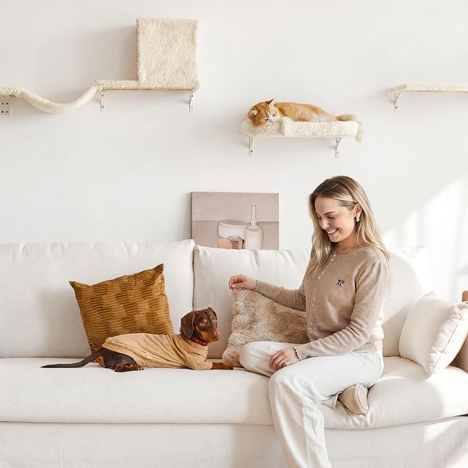 FUKUMARU Cat Wall Shelves, Stable & Safe 4 in 1 Cat Walls Furniture Set, Wooden Kitten Climbing Wall with Scratching Post for 16 Inch Drywall - Beige