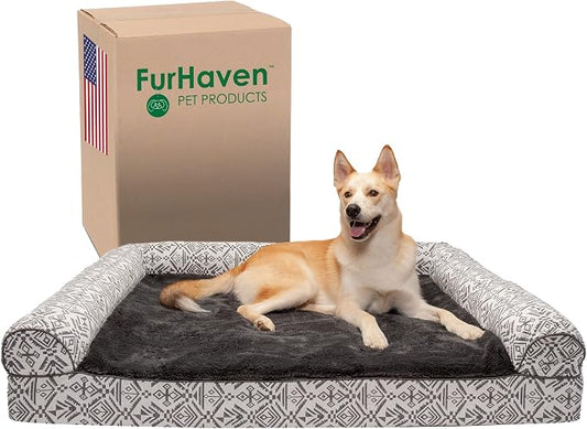 Furhaven Memory Foam Dog Bed for Large Dogs w/ Removable Bolsters & Washable Cover, For Dogs Up to 125 lbs - Plush & Southwest Kilim Woven Decor Sofa - Boulder Gray, Jumbo Plus/XXL