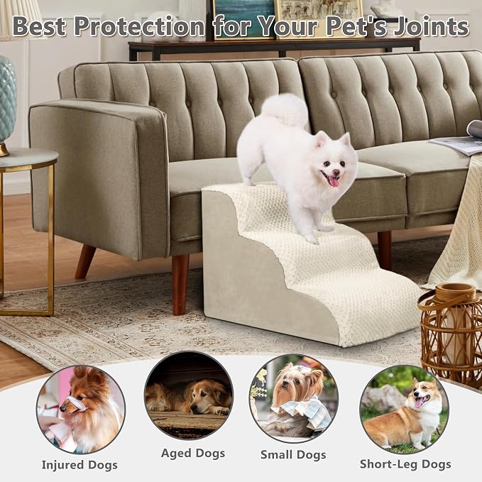 Dog Stairs Ramp, Curved 3-Step Dog Steps for Small Dogs and Cats, Pet Stairs for High Beds and Couch with Anti-Slip Washable Cover and Durable High Density Foam, Beige