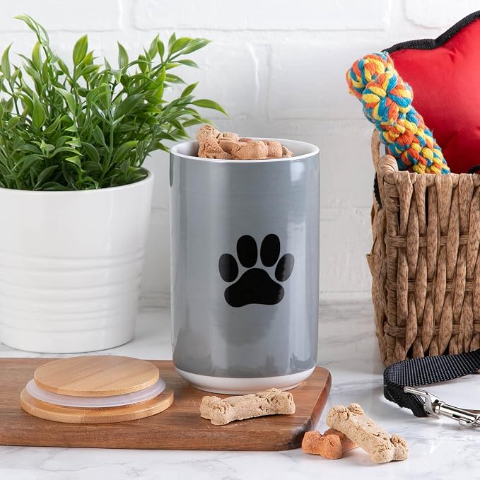 Bone Dry Ceramic Bone & Paw Pet Collection, Dishwasher Safe, Treat Jar, 4x6.5", Gray