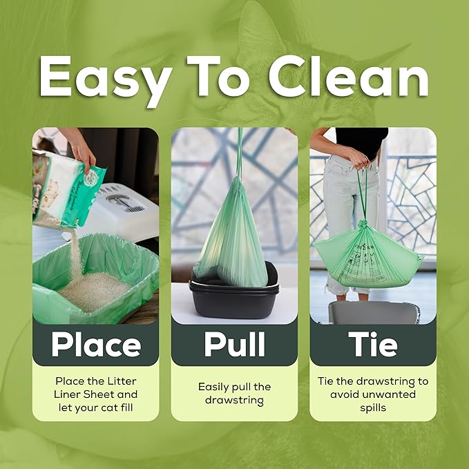 Cat Litter Box Liners 100% Compostable - Drawstring Close - 6 Count - Jumbo Size 36" x 19" - Tear & Leak Resistant - OK Compost Home Certified