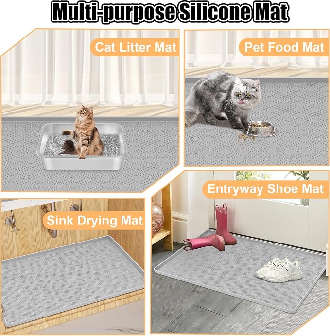 Silicone Cat Litter Mat, 42" x 29" Extra Large Litter Trapping Mat for Litter Box, Leak-Proof, Non-Slip, Kitty Litter Mats with Soft Texture for Floor, Keeping The Floor Clean (Light Grey)