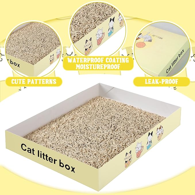 Roshtia 30 Pcs Disposable Cat Litter Box Foldable Paper Kitty Tray 13.8 x 10 x 2 Inch Portable Kitten Pan Low Entry Lightweight Cardboard(Cat Litter Box,Beige)
