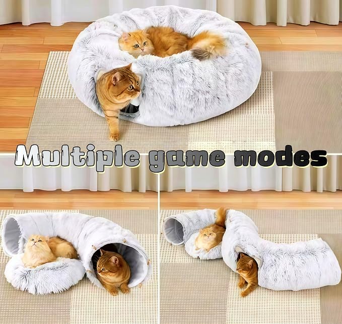 Cat Bed, cat Tunnel, Foldable Machine Washable Plush cat Bed, Grey (33.46 inches), with Hanging Toys, Suitable for Multiple