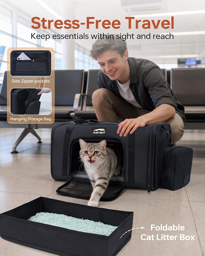 17x11x9.5 Pet Carrier Airline Approved, Cat Carrier with Litter Box, Soft Sided Cat Dog Carrier Up to 15 lbs, Breathable Travel Pet Carrier with Calming Curtain, Storage Bag & Poop Dispenser, Black