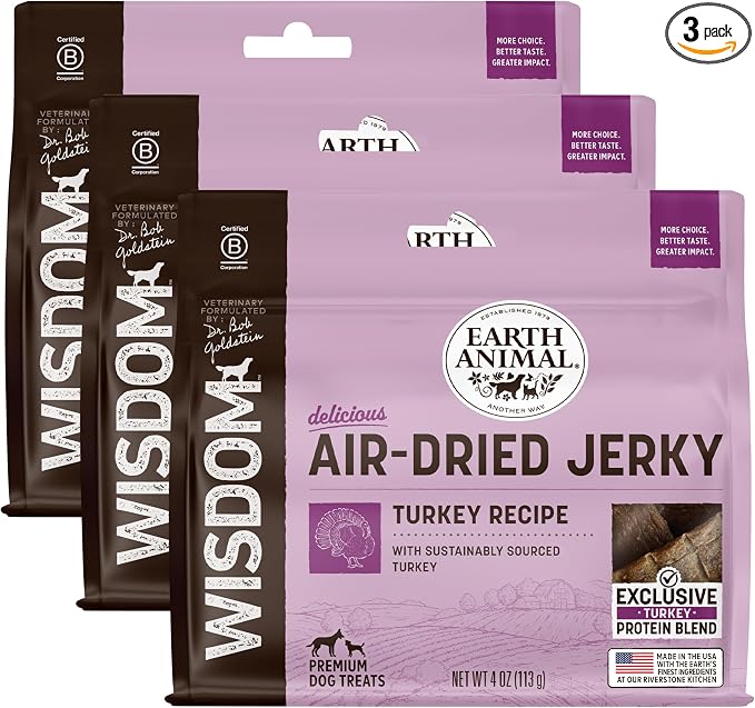Earth Animal Wisdom Air Dried Jerky - Turkey Recipe Premium Natural Jerky Strips Dog Treats - 3 Pack 4 oz Bag