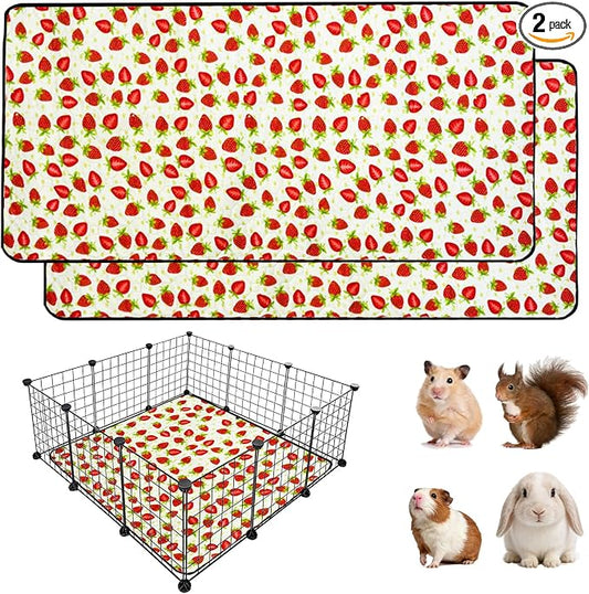 2 Pack Guinea Pig Cage Liners, 36"x 36" Washable Waterproof Bedding for Rabbit, Bunny, Hamster & Small Animals, Reusable Super Absorbent Pee Pads for C&C Cage, Strawberry Print
