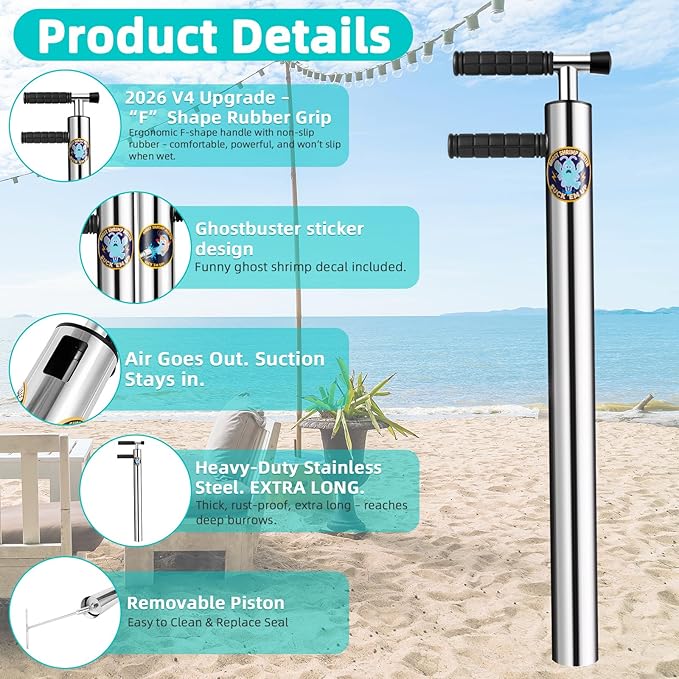 2026 6pcs V4 Upgrade Ghost Shrimp Pump Kit - 32in Stainless Steel Sand Vacuum for Fishing, F-Shape Grip Beach Extractor for Ghost Shrimp Bucket Kit with Gloves & Clamp