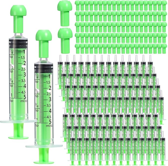 TrelaCo 100 Pack 5ml Syringes with Caps, Colored Plastic Measuring Syringe for Liquid, Pet Feeding, DIY, Party, Craft, Individually Sealed and Wrapped(Green)