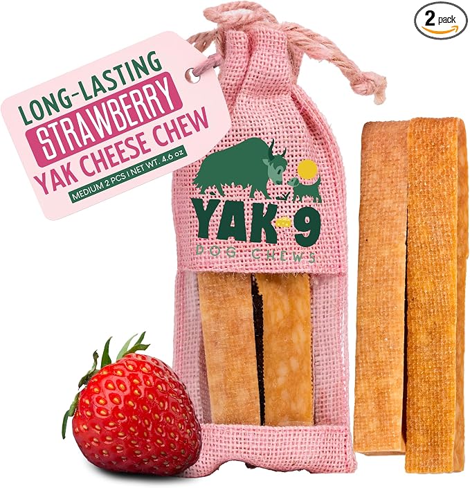 Yak9 Himalayan Yak Cheese Dog Chews, Strawberry | High Protein, Non Rawhide Dog Chews Long Lasting | Non GMO, Gluten Free, Grain Free Yak Milk Dog Chew | Medium Size (Breeds 15-30 Lbs), 2 PC