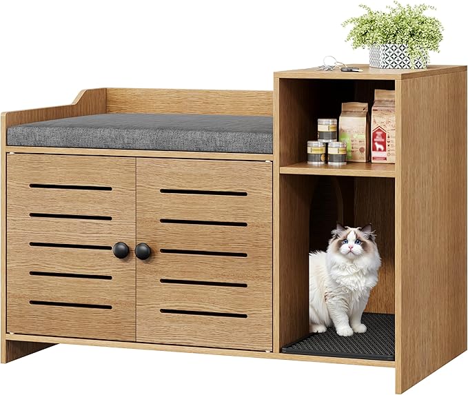 Cat Litter Box Enclosure, Hidden Litter Box Cabinet Furniture with Scratch Pad, Farmhouse Indoor Cats House with Storage Layer for Hallway, Bedroom