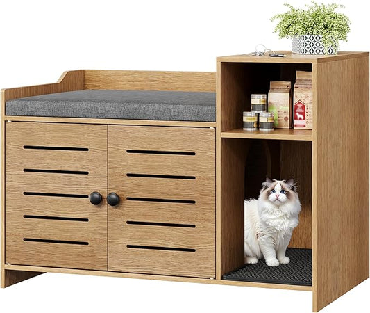 Cat Litter Box Enclosure, Hidden Litter Box Cabinet Furniture with Scratch Pad, Farmhouse Indoor Cats House with Storage Layer for Hallway, Bedroom