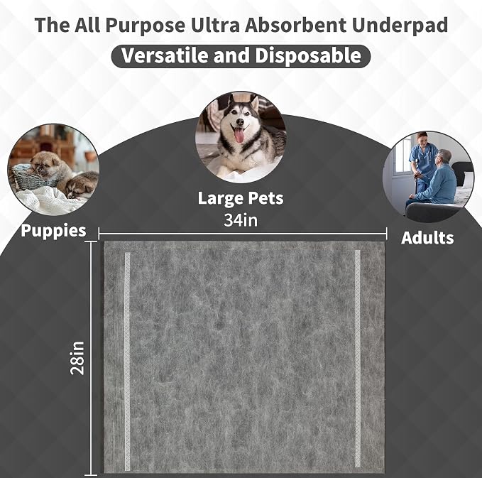 Charcoal Infused Pee Pads for Dogs and Cats, 30 Count, XL, 28"x34" | 6 Layer, Odor Control, Training Underpads, For Dogs, Cats, and Pets, Floor and Furniture Protectors