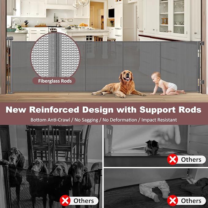 Reinforced 41" Extra Tall Pet Gate 120" Extra Wide Baby Gates for Large Openings, Extra Tall Retractable Baby Gates with Support Rods, Indoor Outdoor Large Dog Gate, Gray
