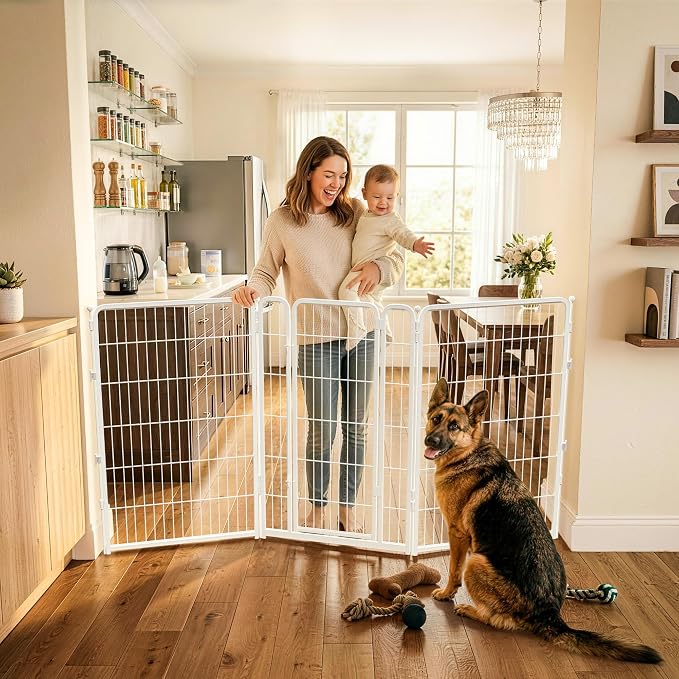 FXW Dog Gate Extra Wide Designed for Indoor Use, Adjustable Width Up to 83-inch Wide (45" H 3 Wire Panels for Large Dogs), White