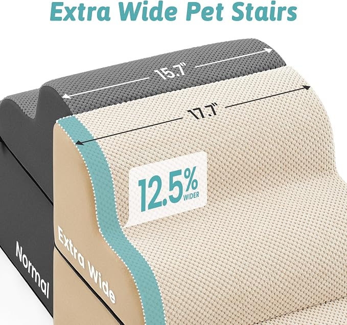 COZY KISS Detachable Curved Wide Dog Stairs 19.7" H, 4 Step Small Dog Step for Puppy or Older Cat, Ramp for Bed, Sofa, Couch or Chair, Ladder with High Density Foam, 17.7x28.3x19.7 inch, Beige