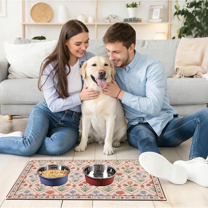 Vintage Floral Pet Feeding Mat, Absorbent Dog & Cat Food Mat for Bowl, Non-Slip Quick Dry Pet Placemat Floor Protector for Messy Drinkers(17 x 30 in)
