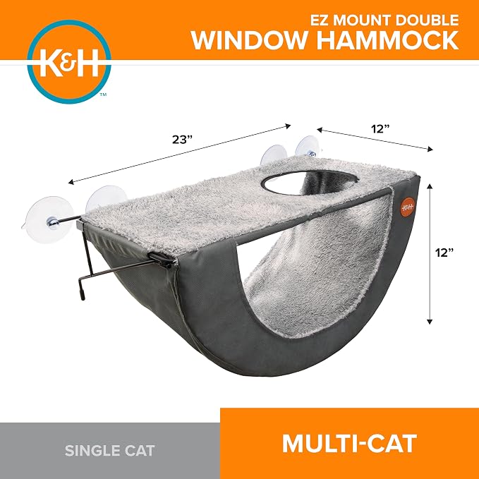 K&H Cat Window Perch EZ Mount Double Window Hammock - Sturdy 2-Level Kitty Sill Seat, Strong Suction Cups, Metal Frame, Cord-Free, Cozy Sunbathing Bed for Multiple Indoor Cats, Holds 50 lbs