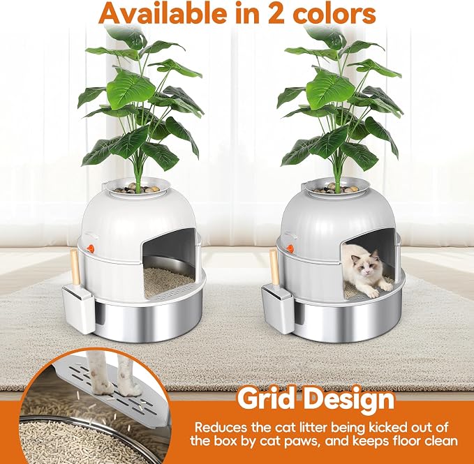 Hidden Cat Litter Box Enclosure with Artificial Plant, Stainless Steel Litter Box Furniture, Decorative Round Planter Includes Scoop, Pebbles, Carbon Filter, Easy to Clean (Light Grey)