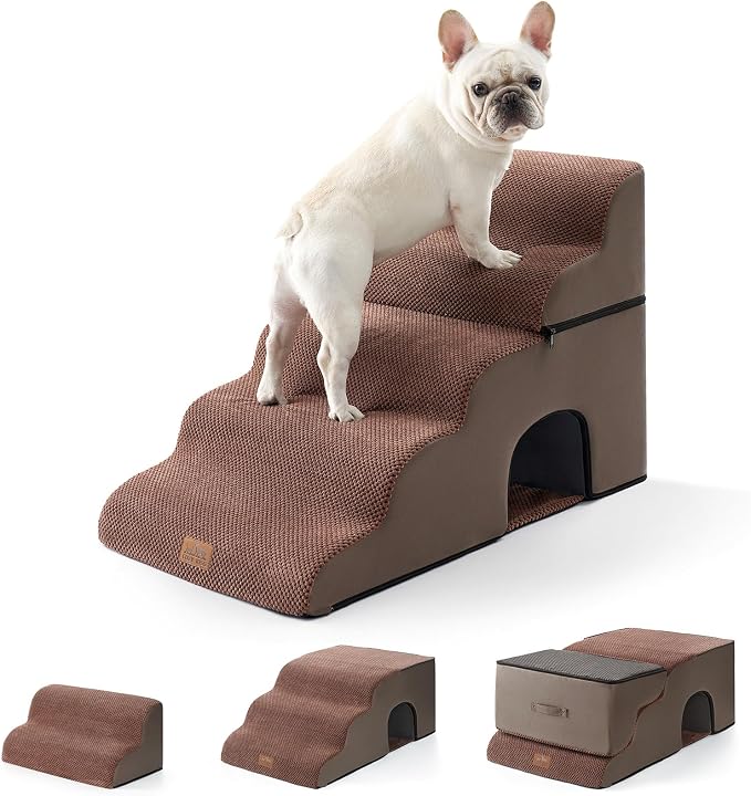 COZY KISS Wide Dog Stairs with Tunnel, Foam Detachable Large Dog Step for Small Pet, Puppy or Cats, Medium Pet Ramp for High Bed, Couch, Sofa or Car, 19.7x33x22.4 inch, 5 Step, Brown