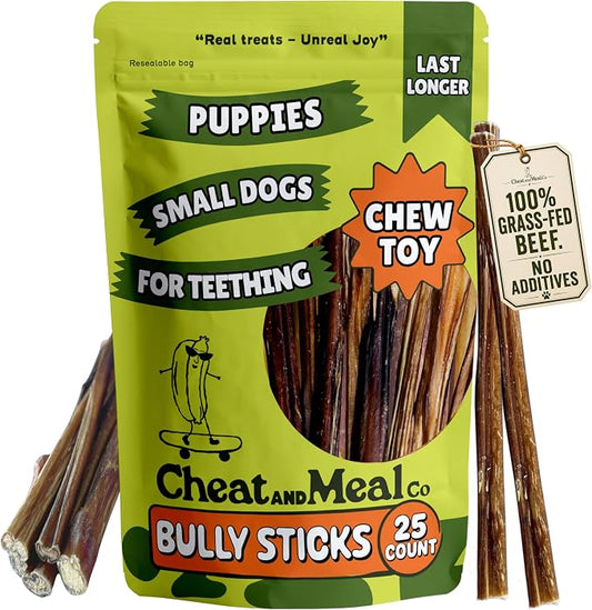 Bully Sticks for Small Dogs & Puppies - Puppy Chew Toys for Teething, 6 Inch (25 Count), Long Lasting Dog Chews, Single Ingredient 100% Grass-Fed, Free Range, Rawhide-Free
