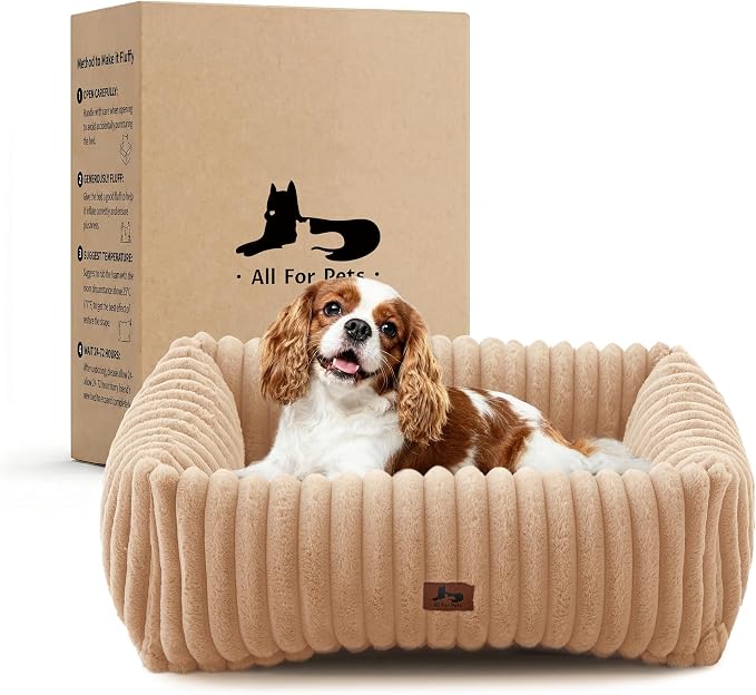 Washable Dog Bed Small Medium Size Dog, Rectangle Orthopedic Pet Bed for Car and Indoor,Fluffy Memory Foam Dog Beds with Anti-Slip Bottom,Camel(25x21x7inchs)