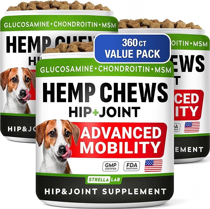 Large Breed Glucosamine Hemp Dog Joint Supplement - Hemp Chews for Dogs Hip Joint Pain Relief - Omega 3, Chondroitin, MSM - Advanced Mobility Hemp Oil Treats for Large Dogs - Made in USA - 360 Ct