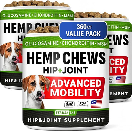 Large Breed Glucosamine Hemp Dog Joint Supplement - Hemp Chews for Dogs Hip Joint Pain Relief - Omega 3, Chondroitin, MSM - Advanced Mobility Hemp Oil Treats for Large Dogs - Made in USA - 360 Ct