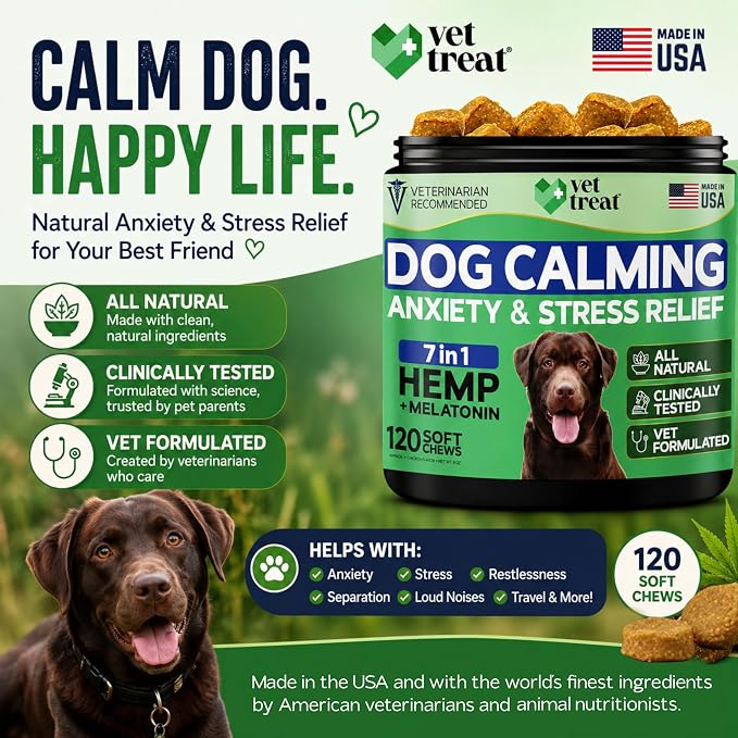 Hemp Calming Chews for Dogs – Dog Calming Chews & Anxiety Relief Treats with Melatonin–Stress Relief for Barking, Thunder, Fireworks, Travel & Separation Anxiety–Vet Formulated-Made in USA - 120 Chews