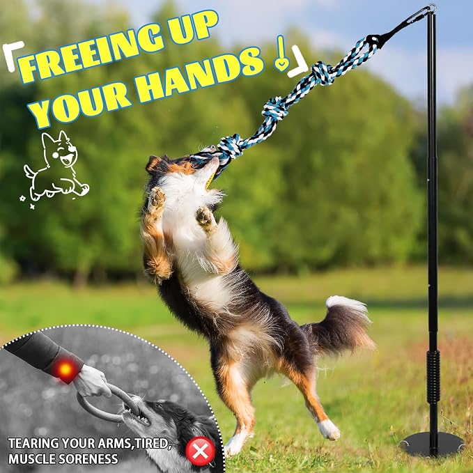 Outdoor Dog Tug Toy Reinforced Spring Rod with Durable chew-Resistant Rope for Independent Play and Interactive Fun in Yards and lawns Adjustable Height for Medium to Large Breeds Black