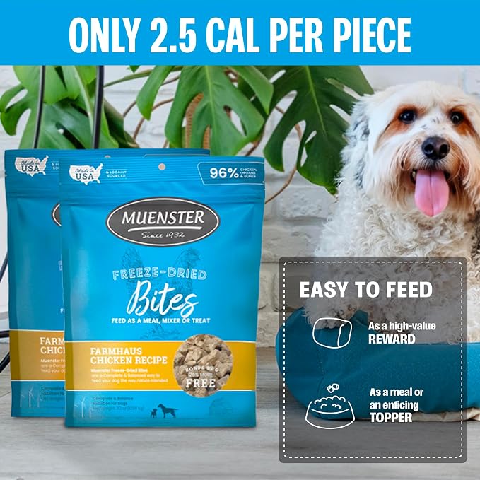 Muenster Freeze Dried Chicken Bites - Dog Food, Treat, Mixer or Topper (20oz) - Grain Free.