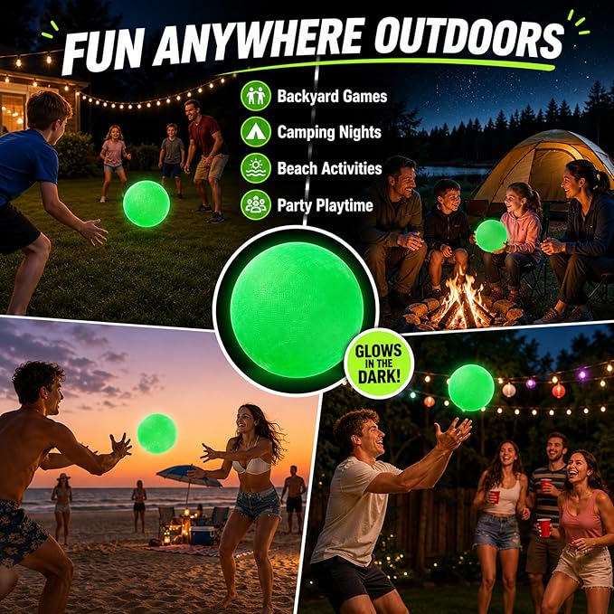 Hiboom Glow in The Dark Kickballs Dodgeballs, 8.5"/ 10"/ 6" Light up 4 Square Ball with Pump, No Battery Needed Playground Balls for Backyard School and Outdoor Night Activities