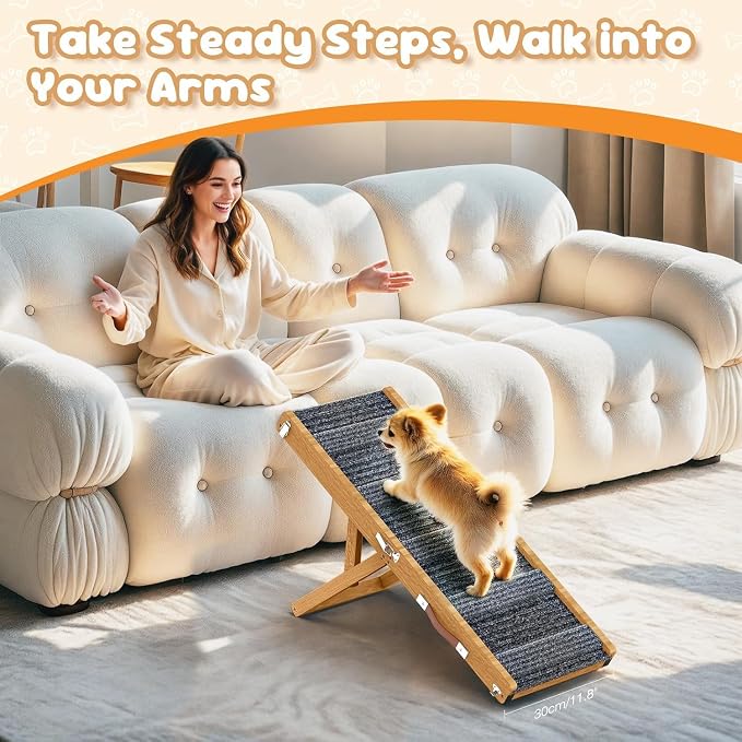 Pawaboo Foldable Dog Ramp, Small Dog Ramp for Couch, 4 Adjustable Height from 13'' to 21", Stable Pet Steps with Non-Slip Pad, Portable Pet Ramps Use for Couch Sofa Stairs, Walnut