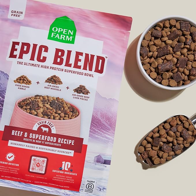 Open Farm, Epic Blend Grain Free High Protein Dry Dog Food, Probiotic Coated & Bone Broth Infused Kibble with Air Dried Meat & Organs, Beef & Superfood Recipe, 18lb Bag
