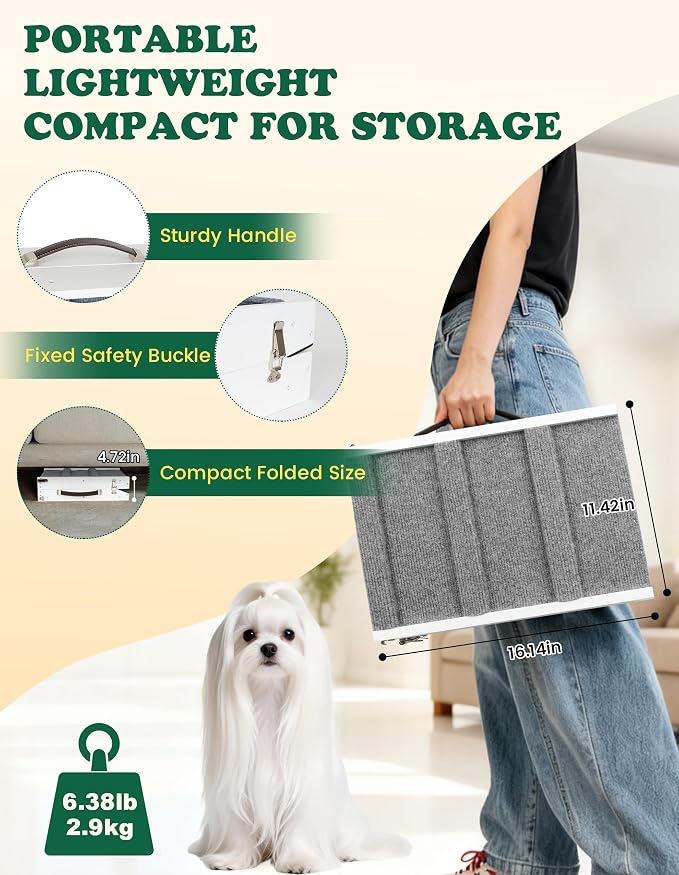 Dog Ramp Dog Stairs for Small Dogs Foldable Ramps with 4 Adjustable Heights from 7.48'' to 15.35" Wood Pet Stairs with Non Slip Carpet Portable Puppy Ramps for Couch, Sofa, Low Bed (White)