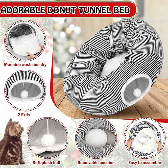 Soulchen Black and White Cat Tunnel Bed Under Christmas Tree 3ft x 3ft x 9.8in Detachable Donut Tunnel Sandworm 3-in-1 Indoor Cats Cave for Kitty Rabbit Ferret Puppy(Striped Black)