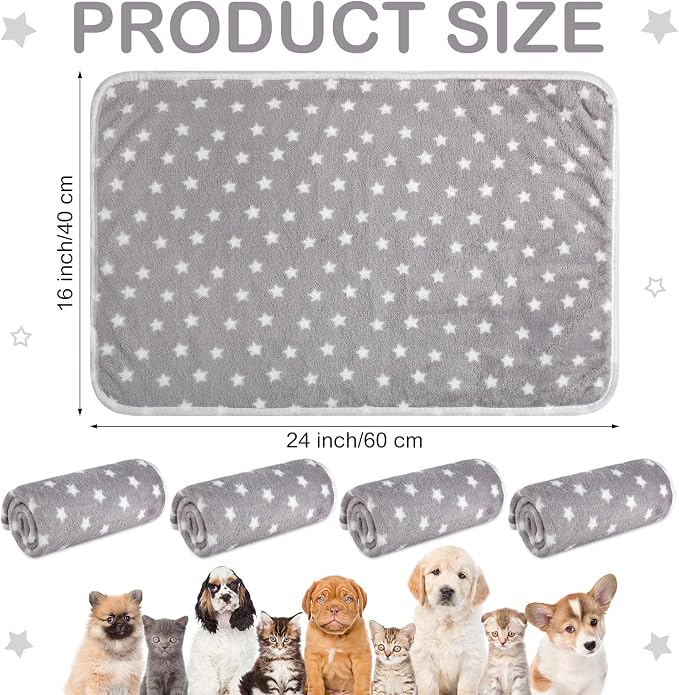Tranqun 4 Pcs Puppy Pee Pads Waterproof Reusable Training Washable Pee Pads for Dog Cat Throw Blanket Pet Crate Mats Blanket Stars Pattern Animals Cage Liner(Gray,16 x 24 Inch)