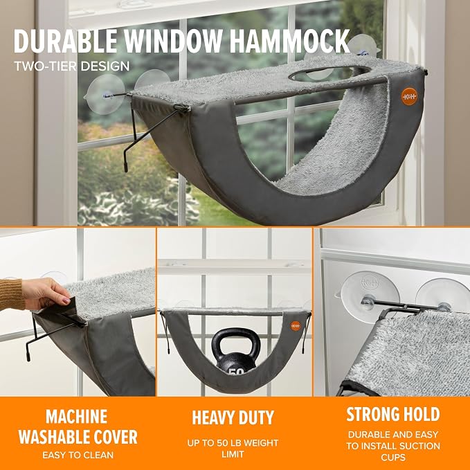 K&H Cat Window Perch EZ Mount Double Window Hammock - Sturdy 2-Level Kitty Sill Seat, Strong Suction Cups, Metal Frame, Cord-Free, Cozy Sunbathing Bed for Multiple Indoor Cats, Holds 50 lbs