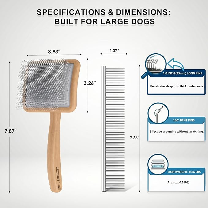 Slicker Brush for Dogs 4PCS- Lrage Dog Grooming Kit, Goldendoodle Labradoodle & Poodles with Detangling Comb for Haired Dogs, Matted Hair & Bath Massage Set, Naturally