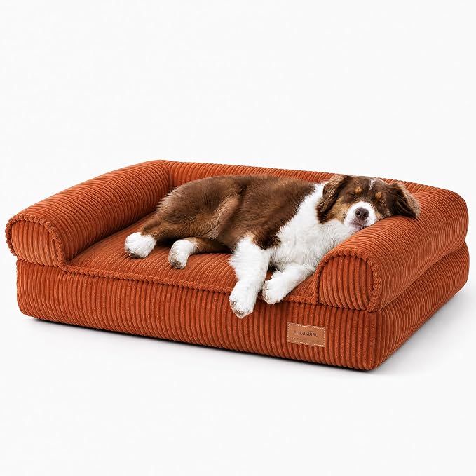 FUKUMARU Cute Dog Bed, Waterproof Corduroy Dogs Couch, 36in Orthopedic Pet Sofa for Medium to Large Dogs Dog, Warm Cotton Pet Bed with Washable Cover, Orange