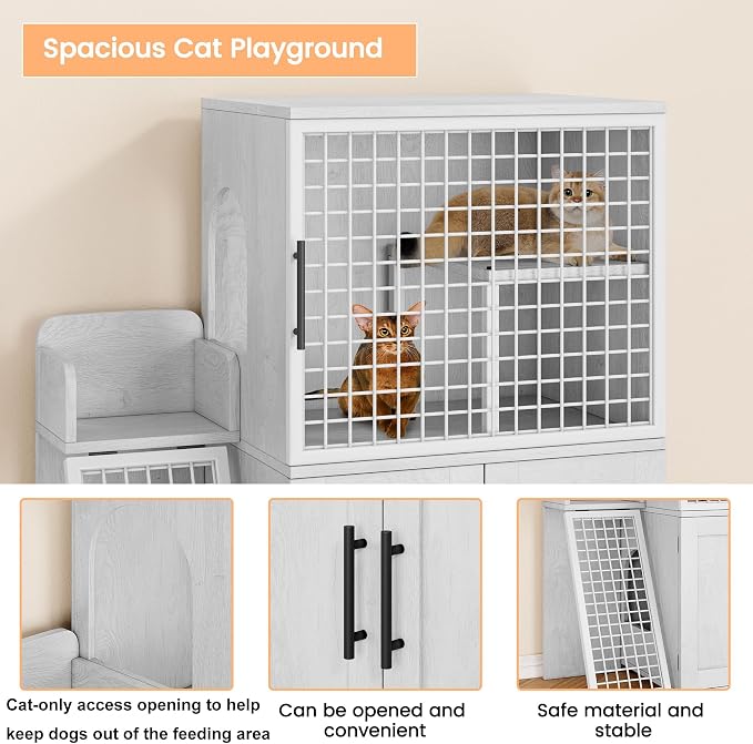 Garvee Dog Proof Cat Feeding Station, Cat Litter Box Enclosure Furniture, Hidden Litter Box Cabinet with Ladder and Door, Large Indoor Cat House with Storage, Large Pet Cabinet