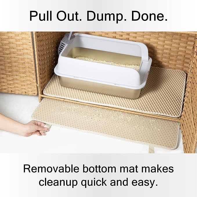 Furriends Cat Litter Box Enclosure with 2 Mats, Handwoven Rattan Hidden Litter Box Furniture Large 30.3”L x 18.2”W x 24.2”H, Double as Indoor Cat House or Side Table for Living Room Hallway, Tan