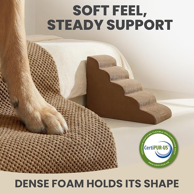 Dog Stairs for High Beds Up to 26-30", 5-Step Foam Pet Ramp with Washable Cover, Gentle Slope Steps, Bed & Couch Ladder for Small Medium Dogs & Senior Cat, Puppy Stairs to Get on Tall Furniture