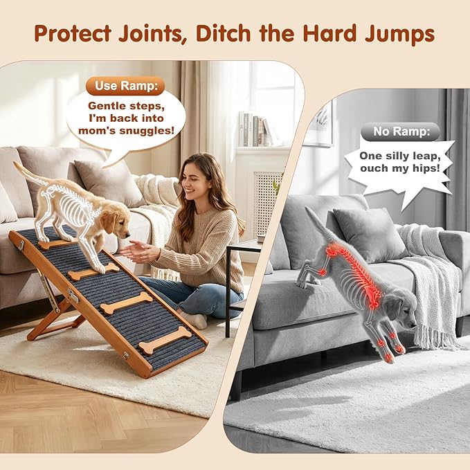 Pawaboo 2026 Upgraded Dog Ramp for Couch, Foldable Small Dog Ramp for Sofa with 7 Adjustable Heights from 2.2'' to 18.5", Portable Non-Slip Pet Ramps for Couch Sofa, Walnut
