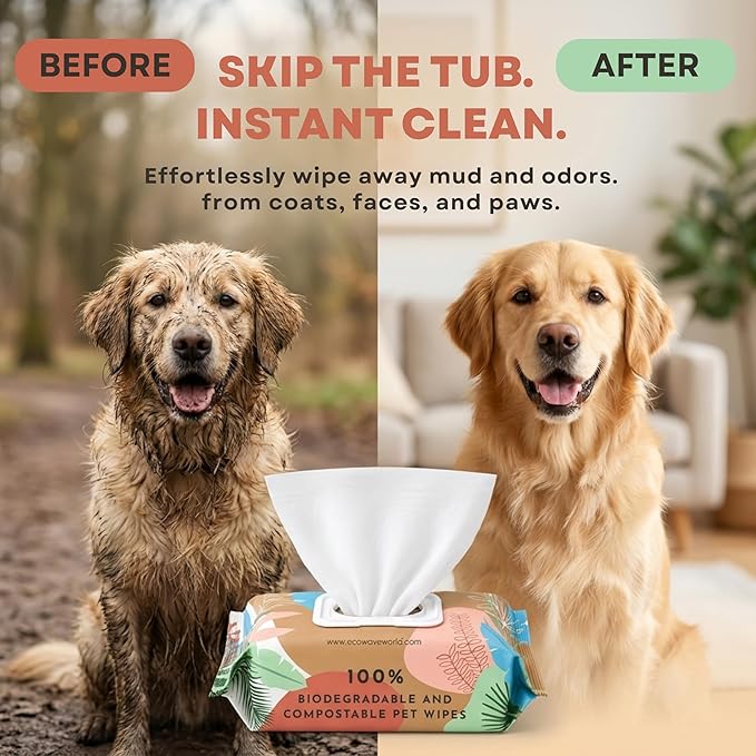 Eco Wave Hypoallergenic Plant-Based Pet Wipes, Dog and Cat Grooming Wipes for Face, Ears, Body, Butt, and Paws, Fragrance Free, Compostable, 100 Count