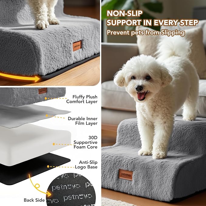 PETNOVO Dog Stairs for Couch and Sofa, 2-Step Dog Steps for Small Dogs, Faux Fur Non-Slip Foam Pet Stairs, Washable Cover, 15.7" D x 15.7" W x 11.8" H, Gray