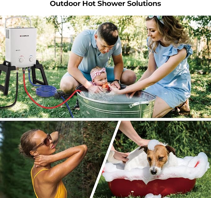 CAMPLUX Outdoor Portable Propane Caming Water Heater 1.32 GPM with Pump Pack Kits, Freestanding Stand & Carry Bag, AY132Max, White